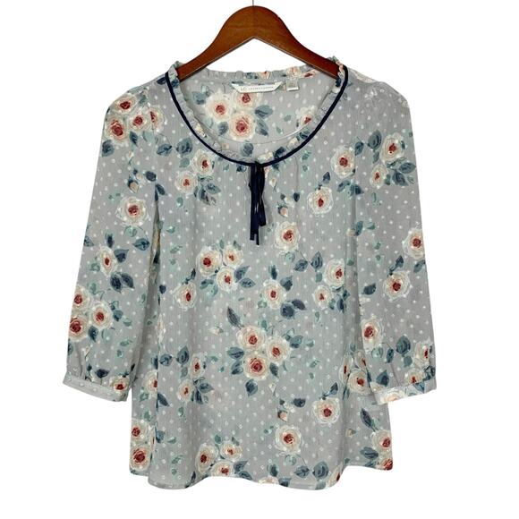 LC Lauren Conrad Tops - LC Lauren Conrad Blouse Grey Floral Top Neck Tie Swiss Dot Women's XS